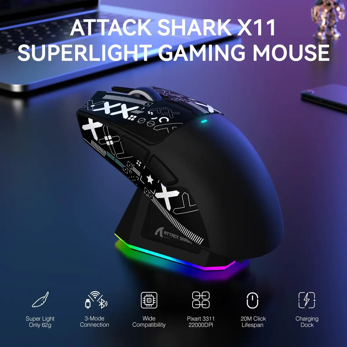 Mouse Gamer X11 Attack Shark Tri Mode 22000 dpi Paw3311 Dock - Imagen 2